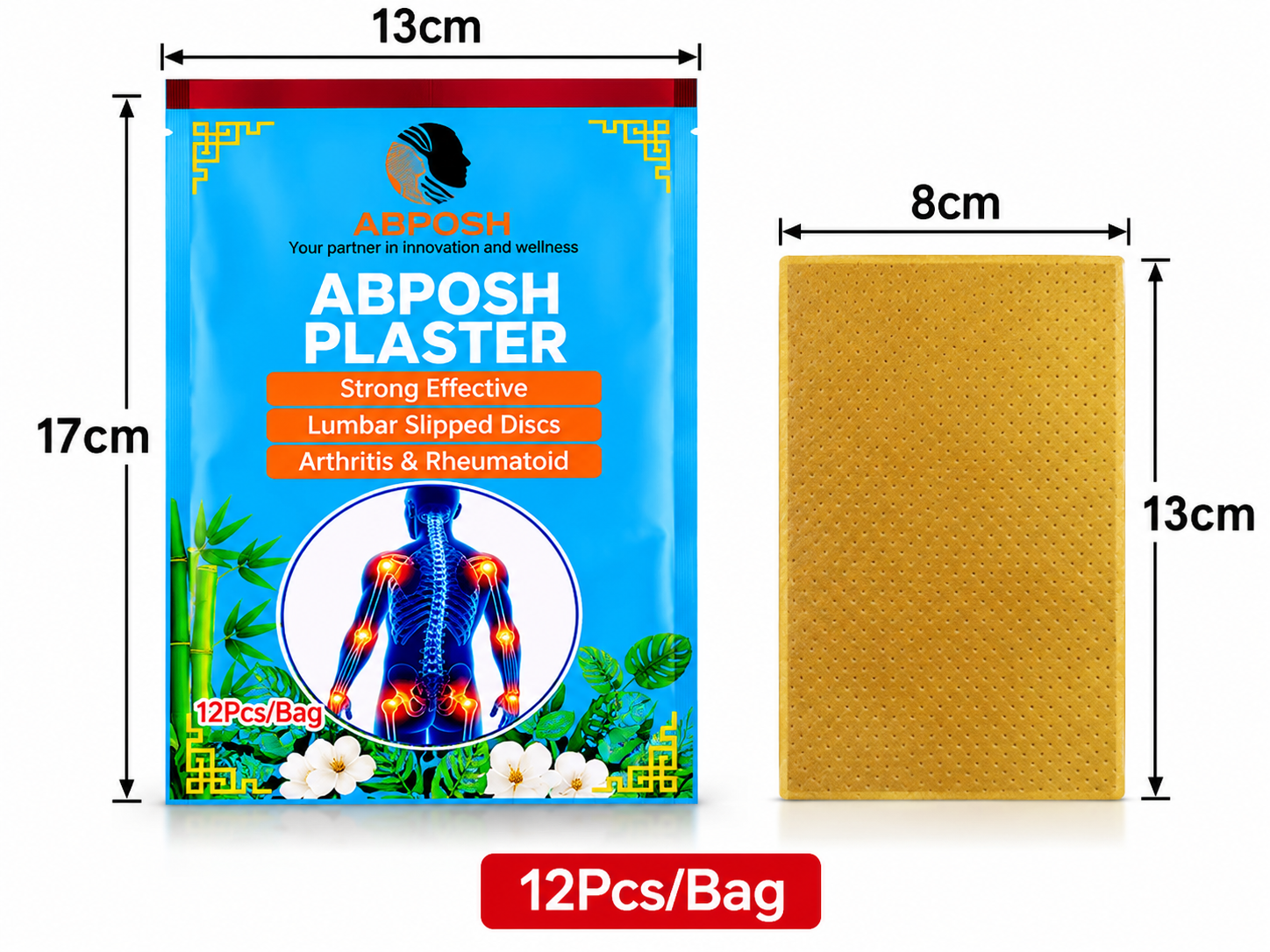 Abposh Plaster size: bag 13x17cm, patch 8x13cm, 12 pieces per bag